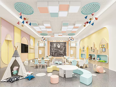 Colorful Kindergarten Interior Design With Hanging Pennants Teepee Tent Chalkboard Wall And Playful Seats 3d model
