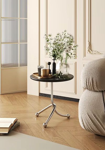Round Black Side Table With Metal Frame And Vase Flowers In Modern Living Room 3d model