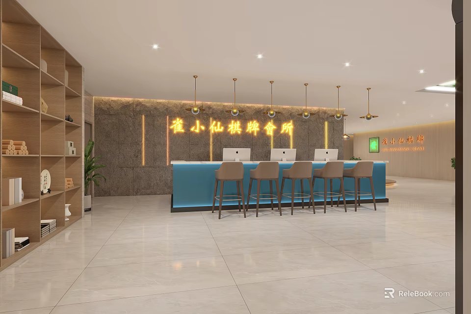Stylish Hotel Lobby Interior With Blue Reception Desk And Hanging Chandeliers 3d model 