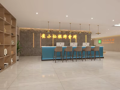 Stylish Hotel Lobby Interior With Blue Reception Desk And Hanging Chandeliers 3d model