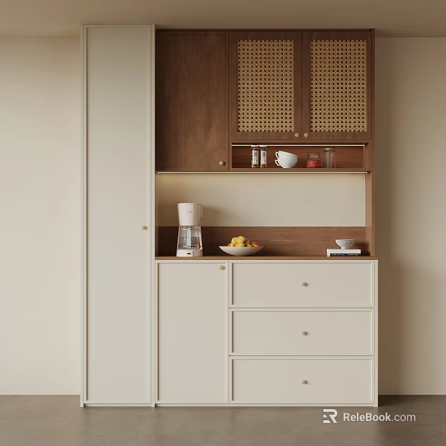 Modern Walnut And White Sideboard With Coffee Maker Fruit Bowl And Tableware 3d model