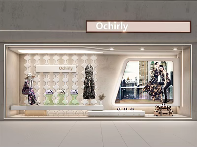 Ochirly Store Window Display With Fashionable Dresses Bags Shoes And Patterned Wall 3d model
