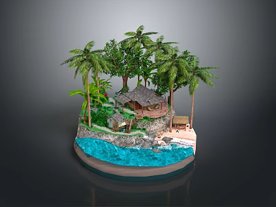 Tropical Island Model With Palm Trees Hut Sand And Water Features 3d model
