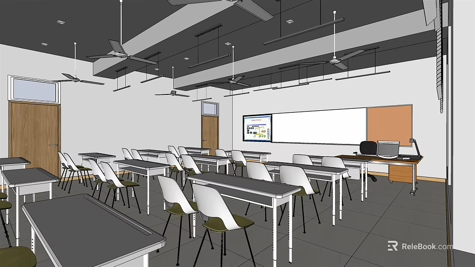 School Classroom Interior With Desks Chairs Whiteboard Projector Screen Teacher's Desk And Ceiling Fans 3d model 