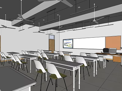 School Classroom Interior With Desks Chairs Whiteboard Projector Screen Teacher's Desk And Ceiling Fans 3d model
