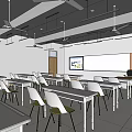 School Classroom Interior With Desks Chairs Whiteboard Projector Screen Teacher's Desk And Ceiling Fans