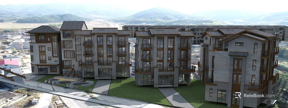 Multi Storey Residential Building With Modern Traditional Design Tile Roof Balconies Stone Facade Green Lawn 3d model 