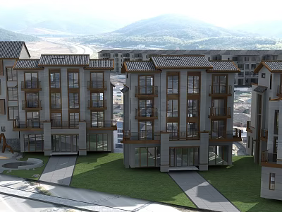 Multi Storey Residential Building With Modern Traditional Design Tile Roof Balconies Stone Facade Green Lawn 3d model