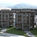 Multi Storey Residential Building With Modern Traditional Design Tile Roof Balconies Stone Facade Green Lawn