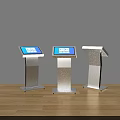 Three Modern White Commercial Equipment Stands With Digital Touchscreen Displays
