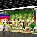 WELL LAND Exhibition Booth Featuring Colorful Striped Walls Green Pillars And Food Display With Visitors
