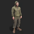 Man in Green Hoodie and Khaki Pants Standing with Brown Boots on Dark Background