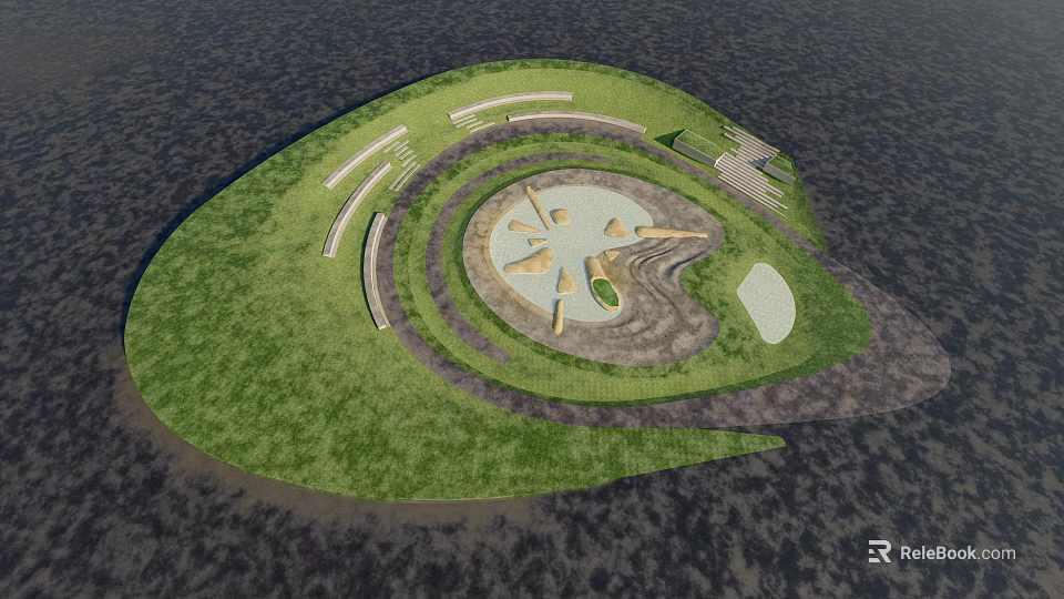 Outdoor Circular Water Fountain Landscape With Green Lawn And Central Decorative Design 3d model 