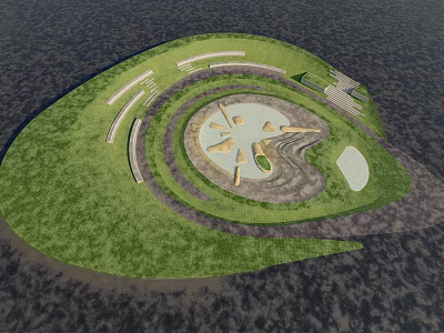 Outdoor Circular Water Fountain Landscape With Green Lawn And Central Decorative Design 3d model