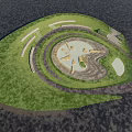 Outdoor Circular Water Fountain Landscape With Green Lawn And Central Decorative Design