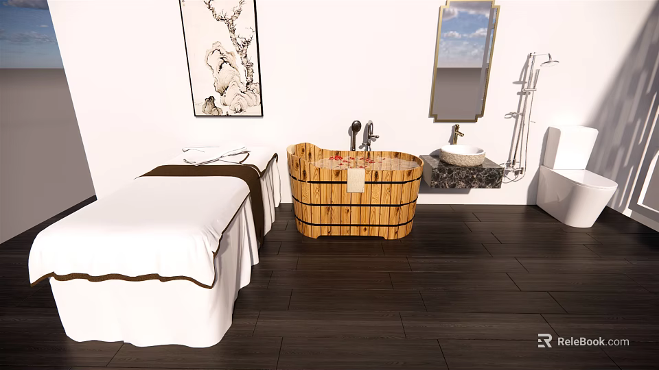 Relaxing Massage Bed in Spa Room with White Sheets Wooden Bathtub Sink and Sky Window 3d model 