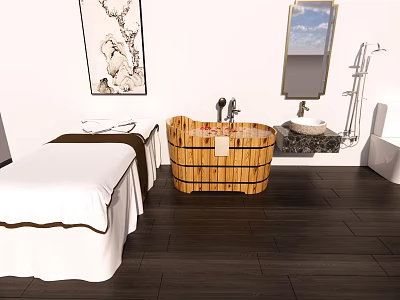 Relaxing Massage Bed in Spa Room with White Sheets Wooden Bathtub Sink and Sky Window 3d model