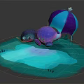 Cute Purple And Blue Cartoon Creatures Playing On Glowing Blue Water Area With Colorful Umbrella
