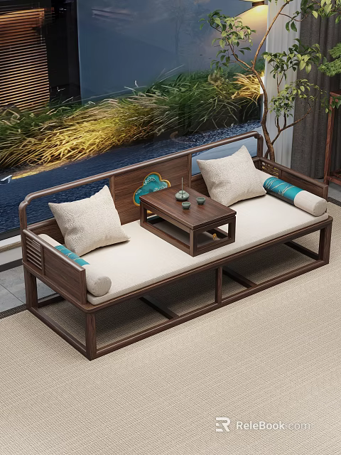 Elegant New Chinese Solid Wood Luohan Bed With Comfortable Cushions Pillows And Small Tea Table 3d model 