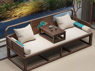 Elegant New Chinese Solid Wood Luohan Bed With Comfortable Cushions Pillows And Small Tea Table 3d model