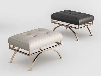 Modern White And Black Tufted Sofa Stools With Curved Golden Metal Frame Design 3d model