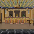 Religious Worship Interior With Colorful Ceiling Chandelier Three Statues Altar Traditional Decor And Prayer Mats
