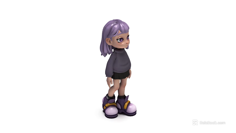 Game And Movie Character With Purple Hair Gray Sweater Black Skirt Purple Shoes Yellow Accents 3d model 