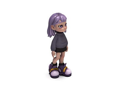 Game And Movie Character With Purple Hair Gray Sweater Black Skirt Purple Shoes Yellow Accents 3d model