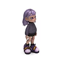 Game And Movie Character With Purple Hair Gray Sweater Black Skirt Purple Shoes Yellow Accents