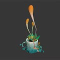 Broken White And Blue Cup With Yellow Plants Slender Stems And Fragments
