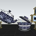 Traditional Chinese Blue and White Porcelain Teapot Bowl with Floral Patterns and Golden Lanterns