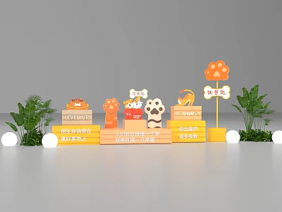 Popular Photo Check-in Spot With Cute Cartoon Figures Signboards And Green Plants 3d model