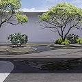 Karesansui Dry Landscape Garden with Curved Gray Pathways Pruned Shrubs and Stone Lanterns
