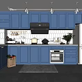 Modern Blue Kitchen Interior With White Tiled Backsplash Cabinets And Refrigerator 3d model