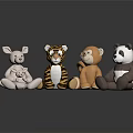 Cute Plush Stuffed Toys Including Rabbit Tiger Monkey And Panda Sitting On Reflective Surface 3d model