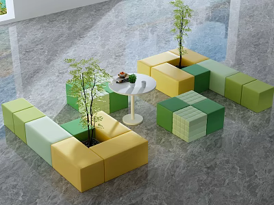 Modular Public Seats With Yellow Green Sections And Indoor Plants In Lounge Area 3d model
