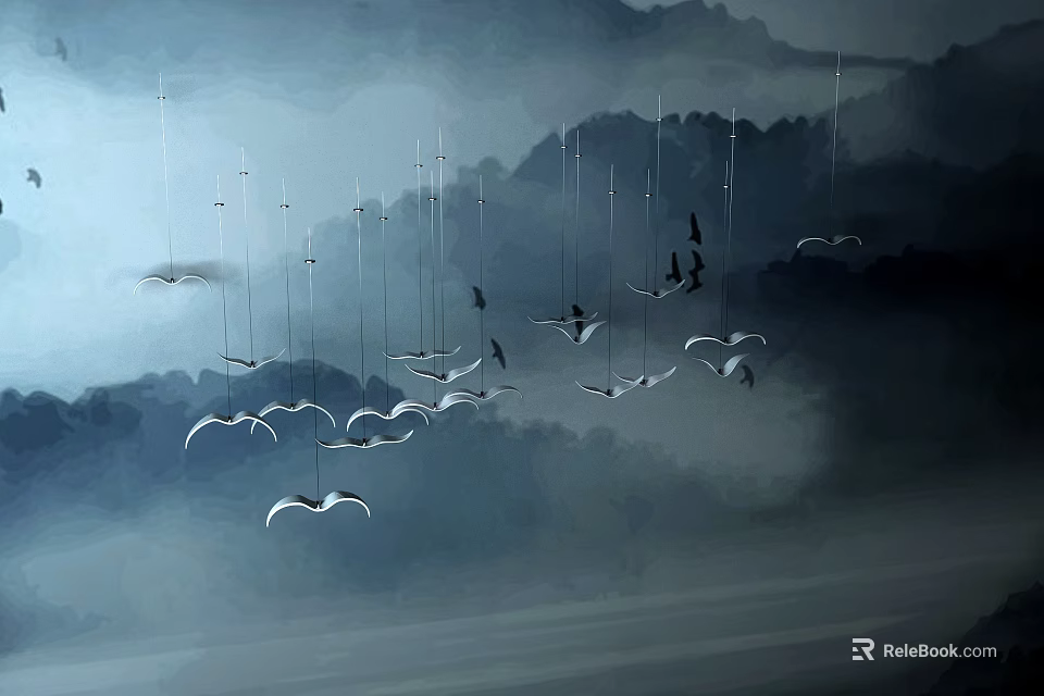 Ethereal Bird Shaped Chandeliers Hanging Over Ink Painting Mountain And Light Blue Gray Sky 3d model 