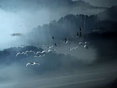 Ethereal Bird Shaped Chandeliers Hanging Over Ink Painting Mountain And Light Blue Gray Sky 3d model