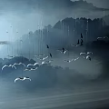 Ethereal Bird Shaped Chandeliers Hanging Over Ink Painting Mountain And Light Blue Gray Sky