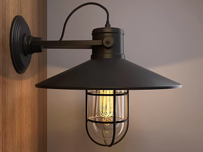 Black Metal Wall Sconce With Conical Shade And Spiral Bulb On Wooden And Gray Wall 3d model