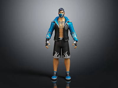 Masked 3D Character With Blue Jacket Black Patterned Shorts Wrist Guards And Blue Shoes 3d model