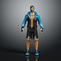 Masked 3D Character With Blue Jacket Black Patterned Shorts Wrist Guards And Blue Shoes