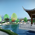 Traditional Chinese Residential Landscape With Pavilion Pool Green Trees And Stone Pathways