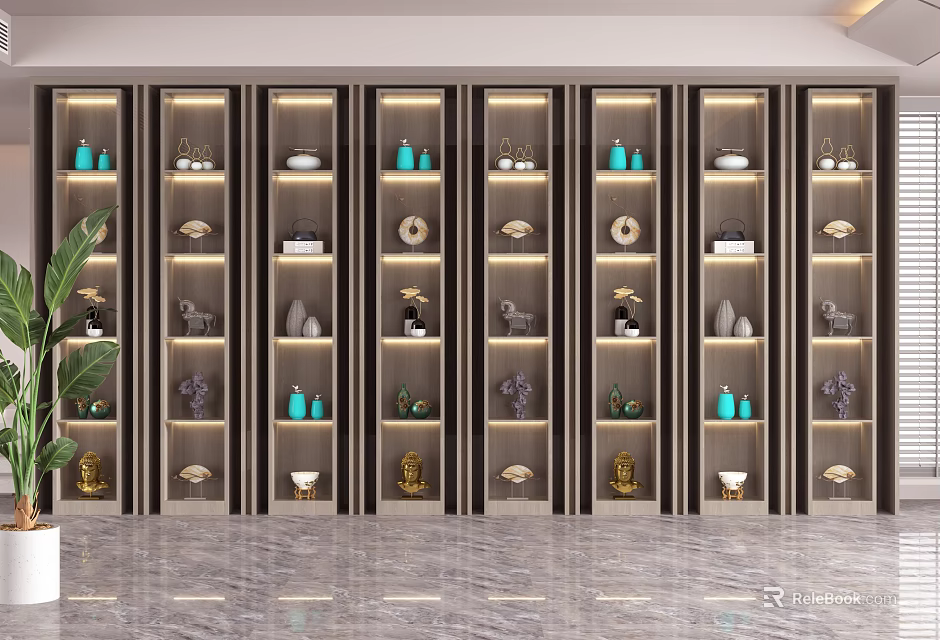 Modern Multi Tiered Display Shelving Units With Built In Lighting And Decorative Items 3d model 
