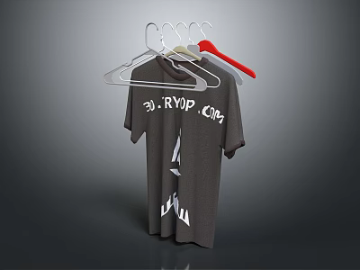 Metal Hangers With Red Hook Holding Dark Gray T-shirt White Text DJ RVD CR Design 3d model