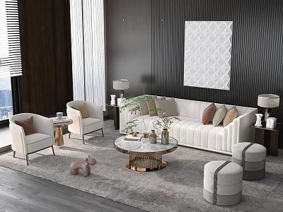 Elegant Modern Sofa And Coffee Table Set With Armchairs Table Lamps Artwork And Rug 3d model