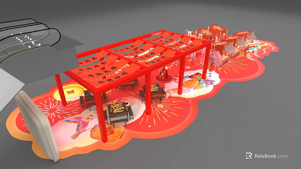 Traditional Chinese Themed Exhibition Booth With Red Decorative Structure And Festive Elements 3d model