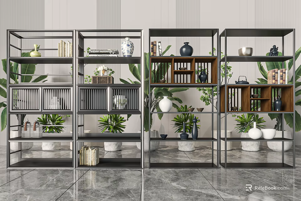 Modern Multi Tiered Etagere With Metal Frame Displaying Plants Vases And Books 3d model 