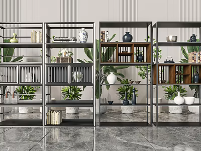 Modern Multi Tiered Etagere With Metal Frame Displaying Plants Vases And Books 3d model