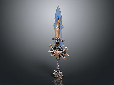 Intricate Decorative Sword With Blue Blade Golden Accents And Red Gem Hilt 3d model